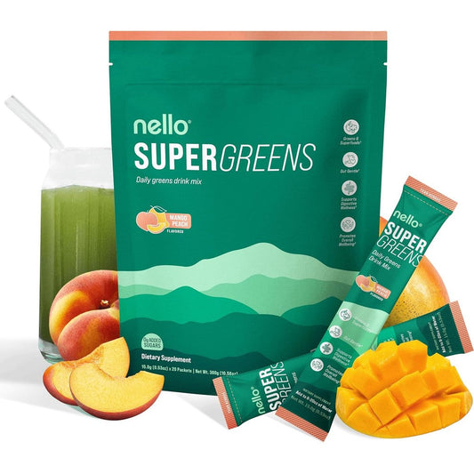Nello Supergreens Premium Mango Peach drink mix front packaging view