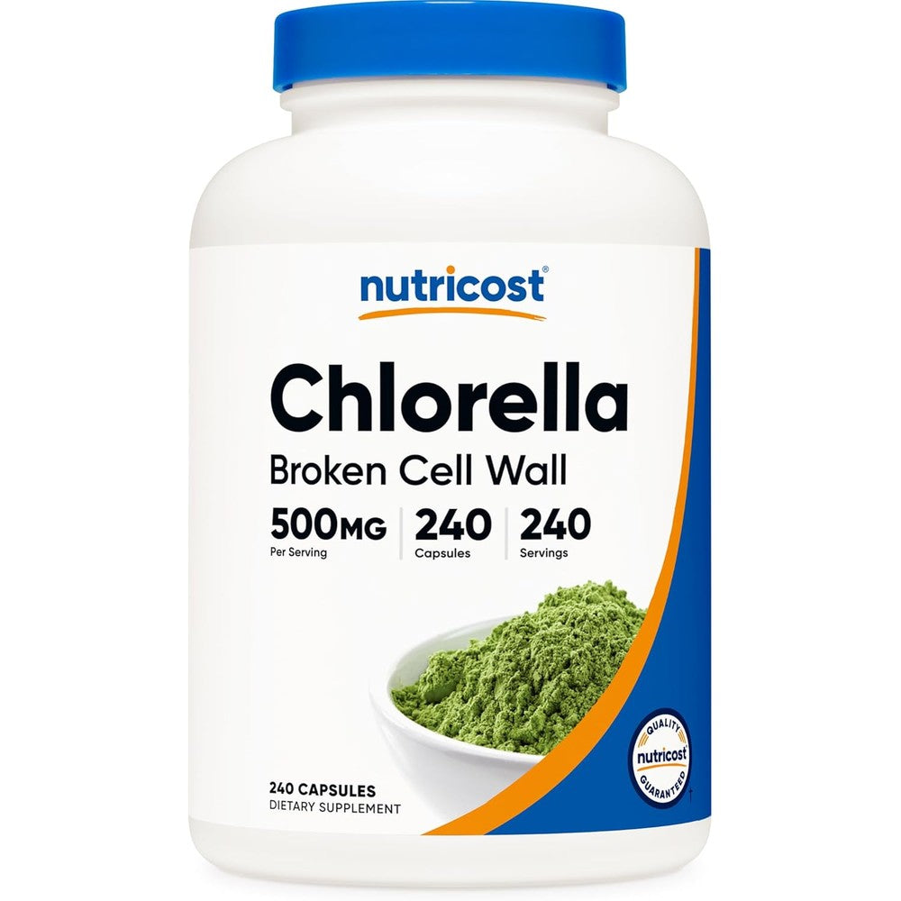 Nutricost Chlorella 500mg 240 Vegetarian Capsules front view bottle