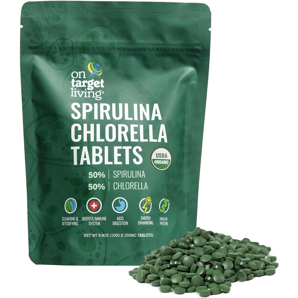 On Target Living organic spirulina and chlorella 1000 tablets front view