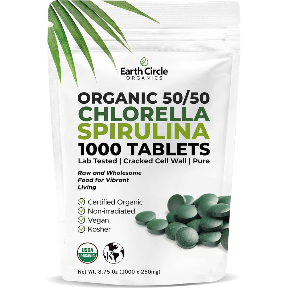 Earth Circle Organics premium organic chlorella and spirulina 1000 tablets front view
