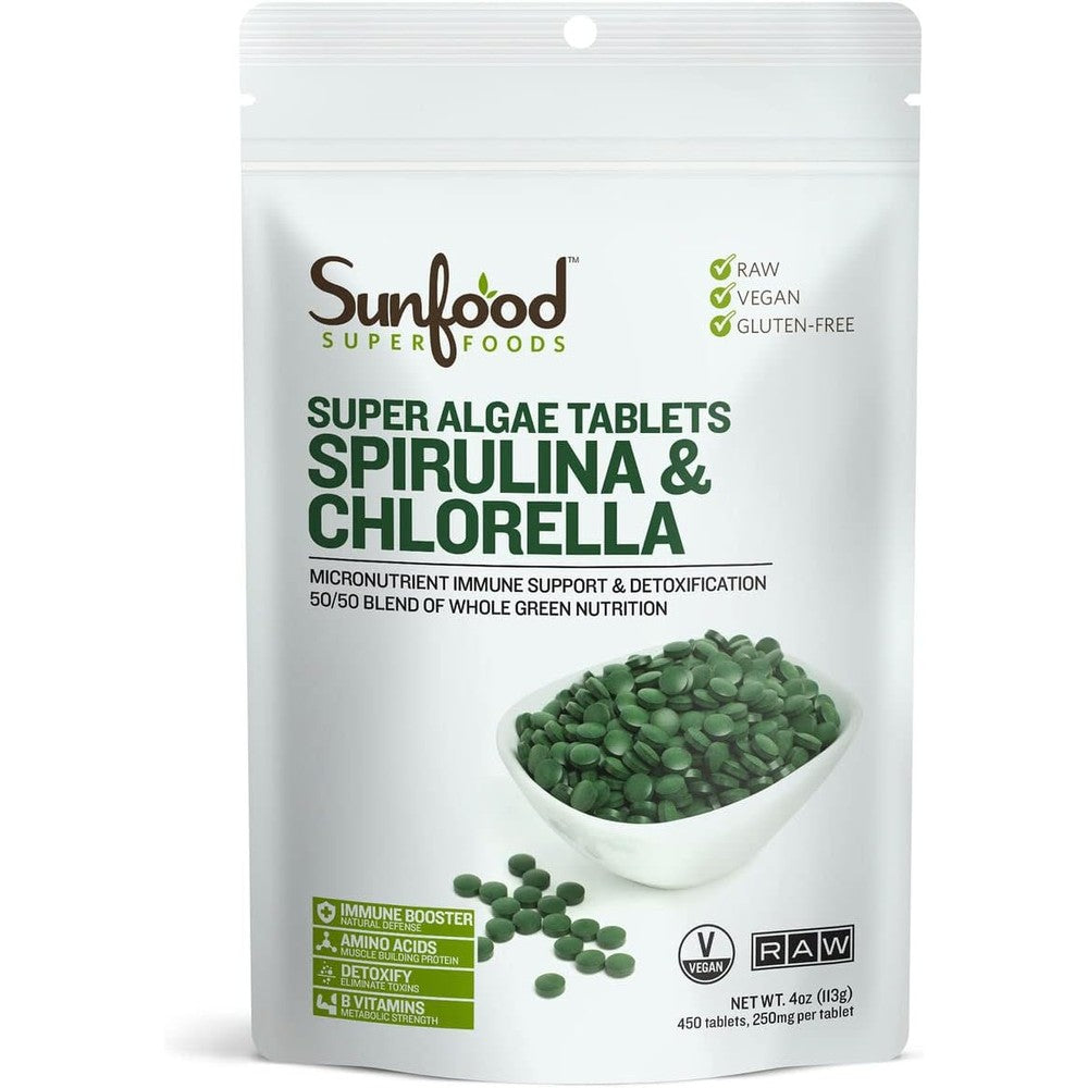 Sunfood Superfoods Chlorella Spirulina Tablets 4 Ounce bottle front view