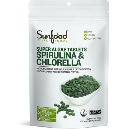 Sunfood Superfoods Chlorella Spirulina Tablets 4 Ounce bottle front view