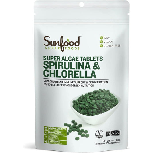 Sunfood Superfoods Chlorella Spirulina Tablets 4 Ounce bottle front view