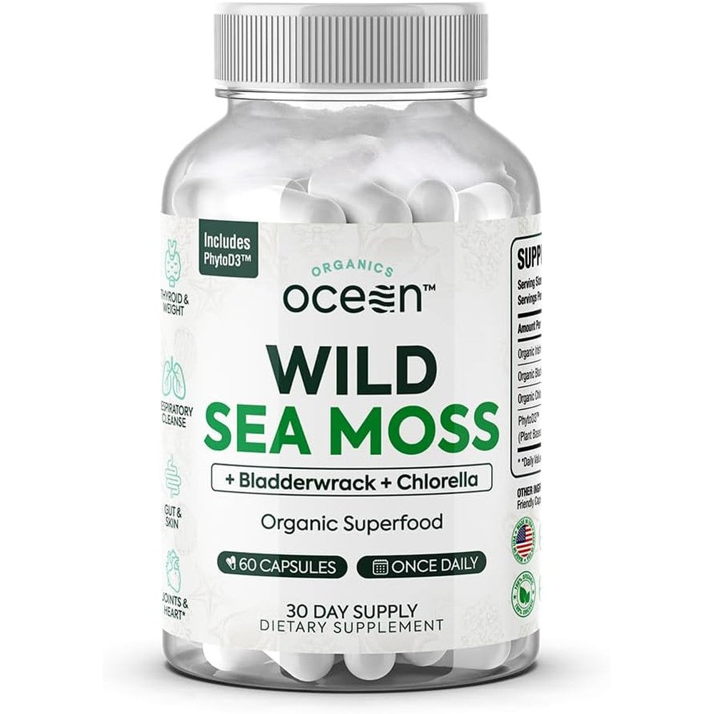 Organics Ocean Wild Irish Sea Moss sixty capsules bottle front view showing organic health supplement label.