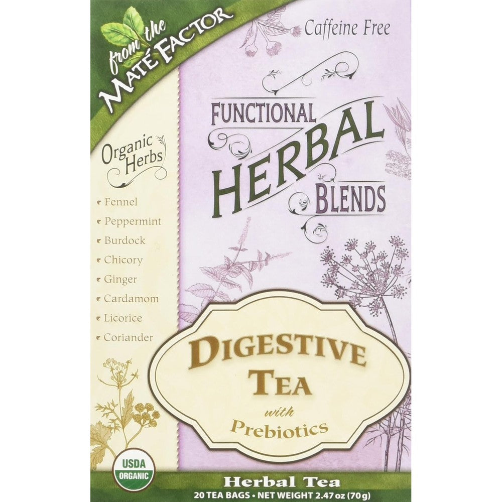 Organic digestive tea with prebiotic herbal tea blends for gut health.