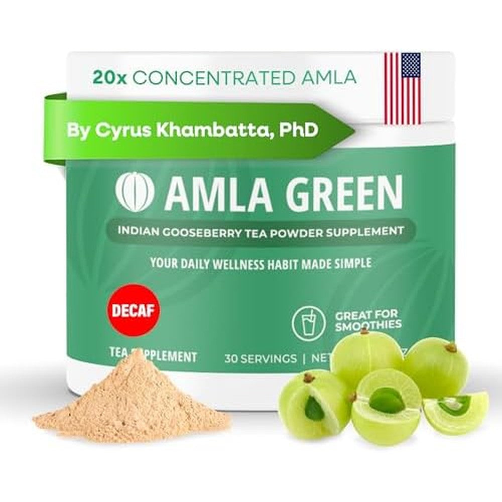 Amla Green Decaf Green Tea and Amla Powder supplement jar front view