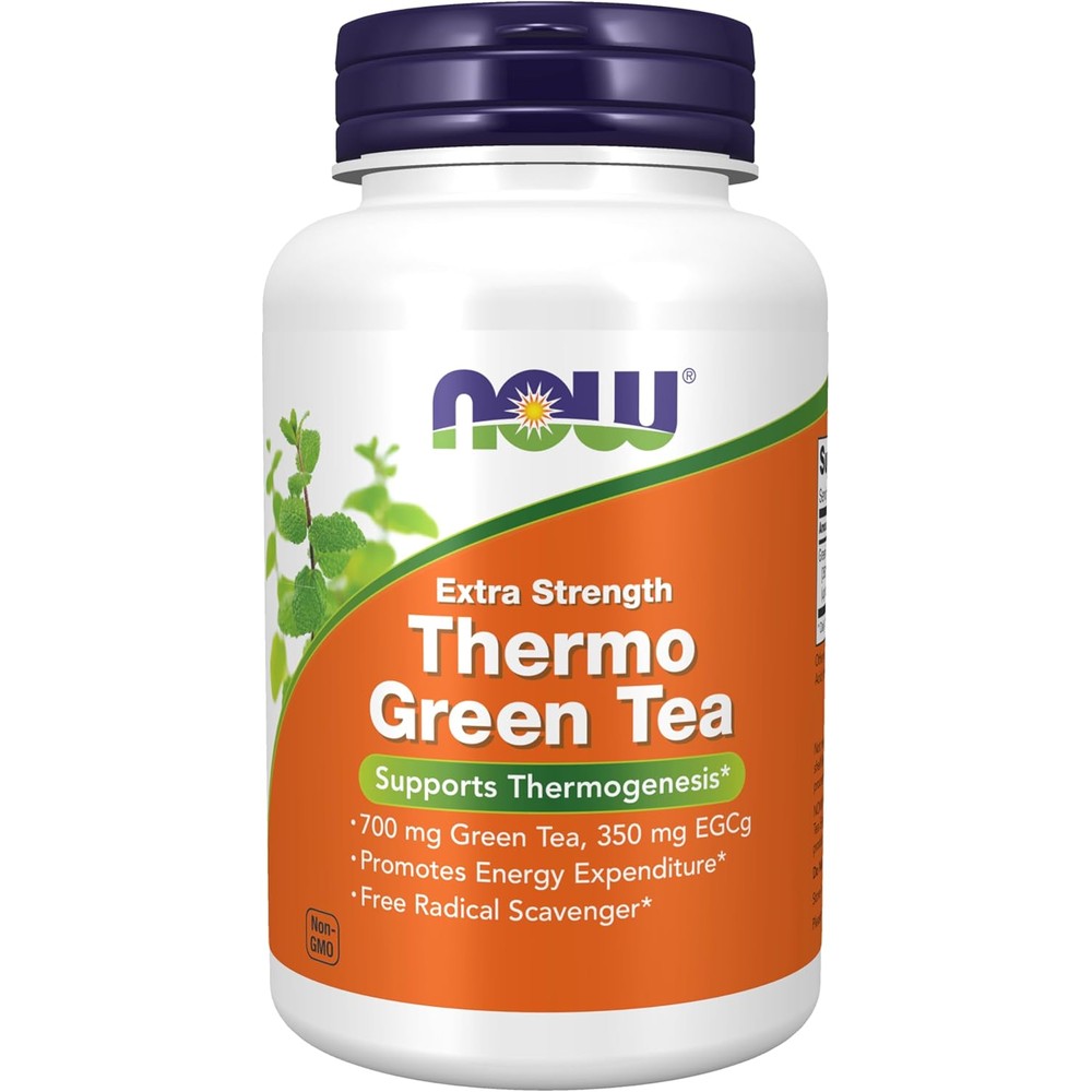 NOW Foods Thermo Green Tea Extra Strength 90 vegetable capsules bottle front view for metabolic support