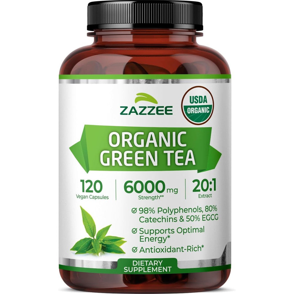 Zazzee Organic Green Tea Extract 120 capsules front view