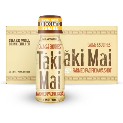 Drect Taki Mai Chocolate Banana Noble Kava Shots 24 pack front view showcasing authentic packaging.
