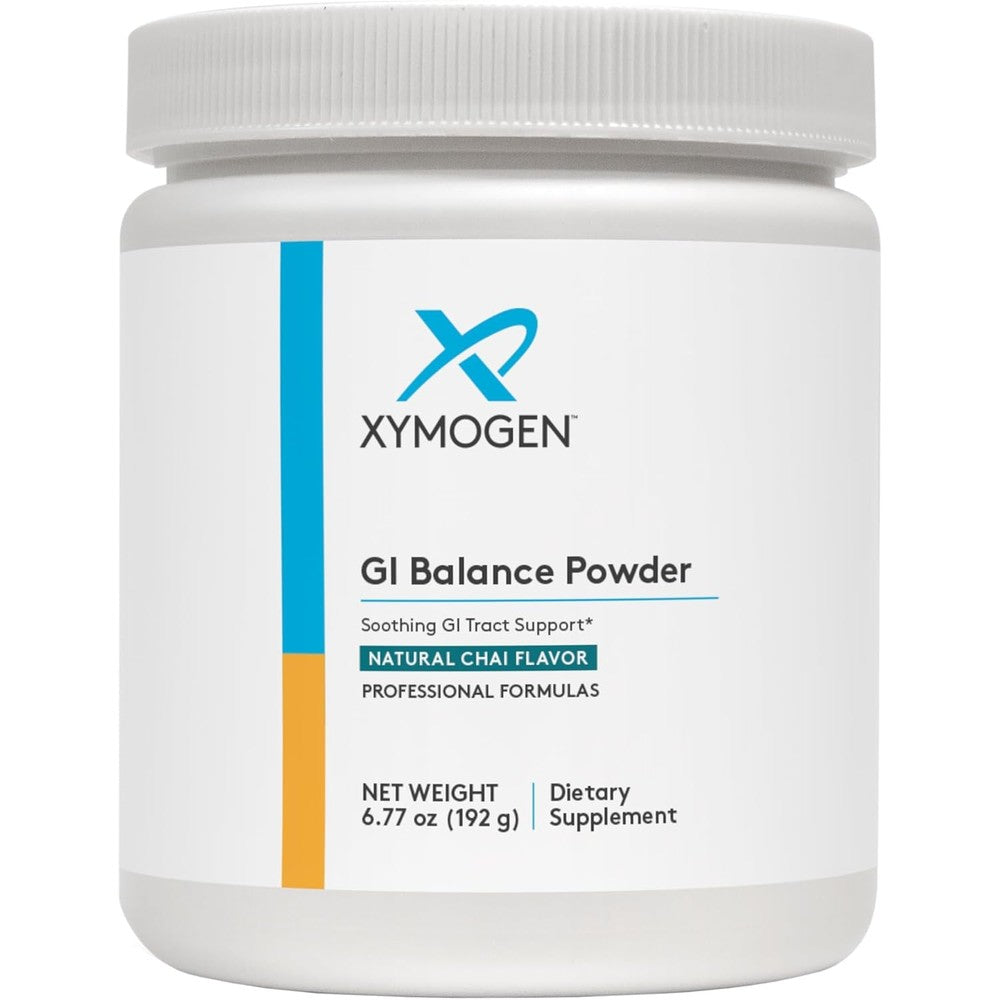 Xymogen GI Balance Powder Chai flavor tub front view for gut health