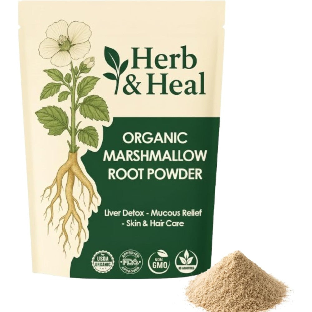 Herb and Heal Organic Marshmallow Root Powder front view in 8 Ounce pouch