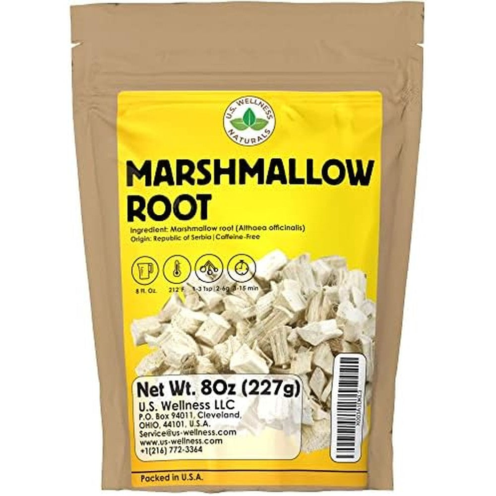 U.S. Wellness Naturals Marshmallow Root Herb Tea front view of eight ounce bag showing premium chunky cuts