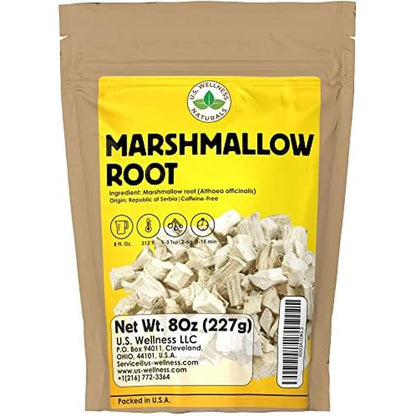 U.S. Wellness Naturals Marshmallow Root Herb Tea front view of eight ounce bag showing premium chunky cuts