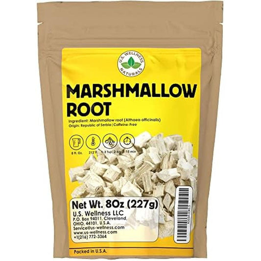 U.S. Wellness Naturals Marshmallow Root Herb Tea front view of eight ounce bag showing premium chunky cuts