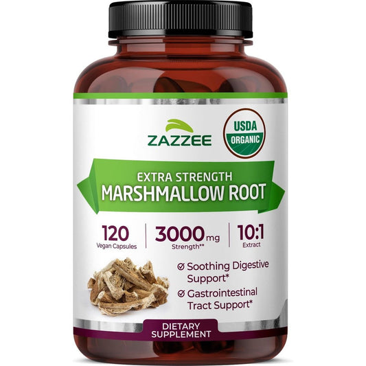 Zazzee Organic Marshmallow Root Extract 3000mg bottle front view for digestive wellness
