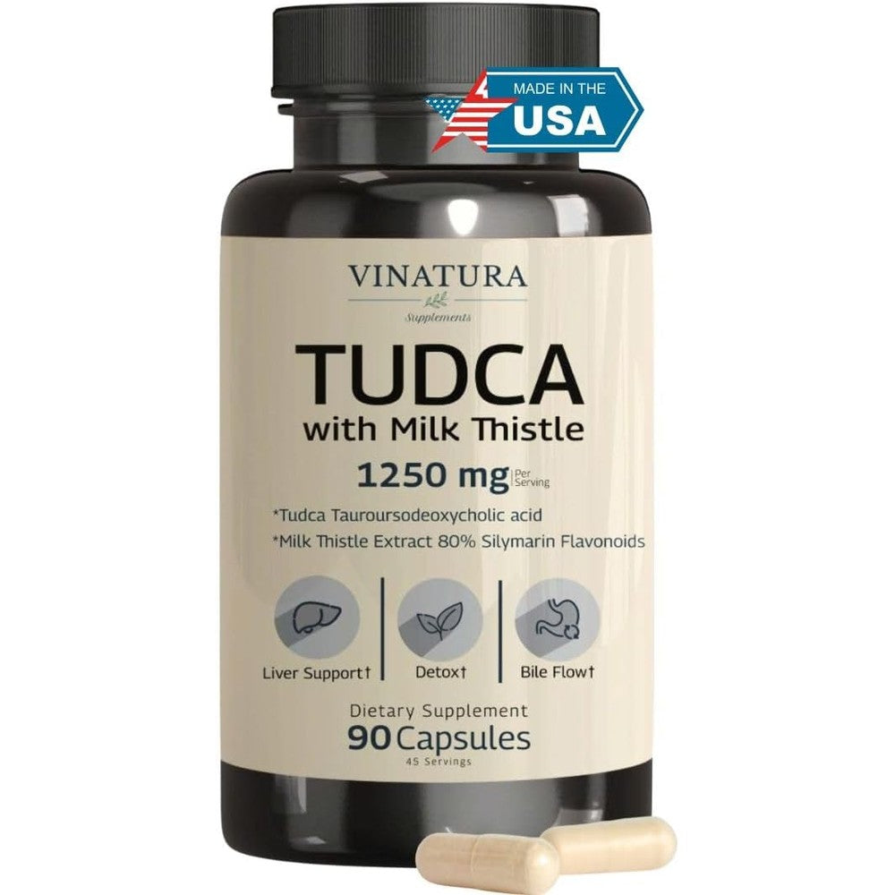 Vinatura TUDCA Milk Thistle 1250mg 90 capsules bottle front view for premium liver support.