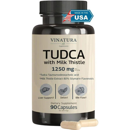 Vinatura TUDCA Milk Thistle 1250mg 90 capsules bottle front view for premium liver support.