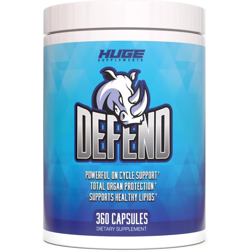 Huge Supplements Defend Cycle Support front container view showing white rhino logo.