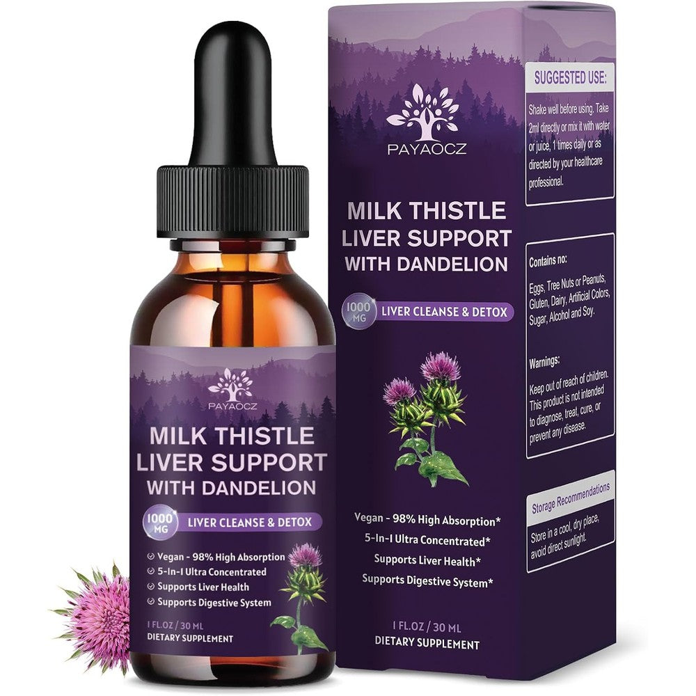PAYAOCZ Organic Milk Thistle Liquid Drops 2 Pack front packaging view showing silymarin 1000mg liver support benefits