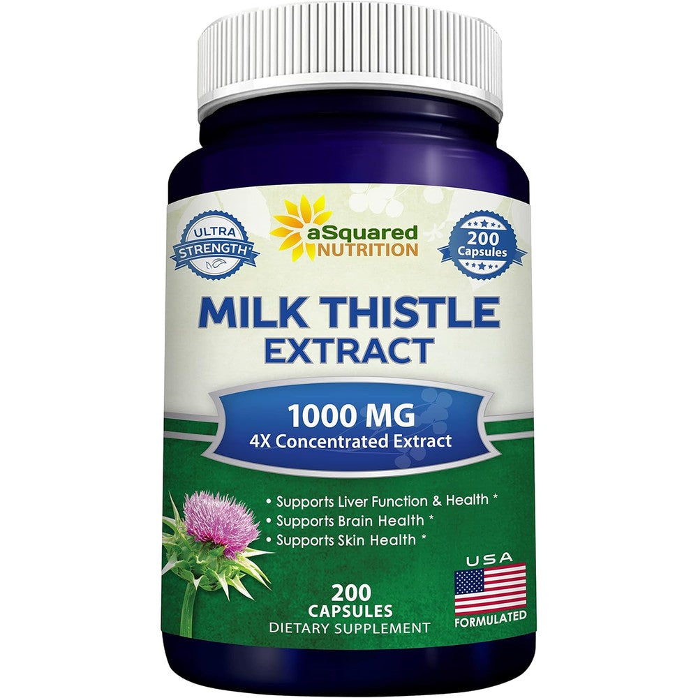 ASquared Nutrition Milk Thistle 1000 mg 200 vegetable capsules front view bottle