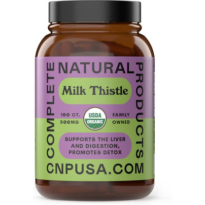 Complete Natural Products Pure Organic Milk Thistle 500mg front bottle view for liver support