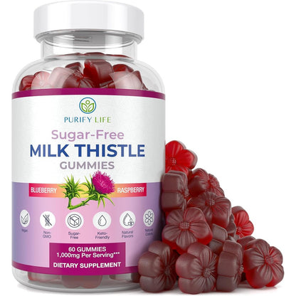 Purify Life Sugar Free Milk Thistle 60 Vegan Gummies front view bottle for liver detox support