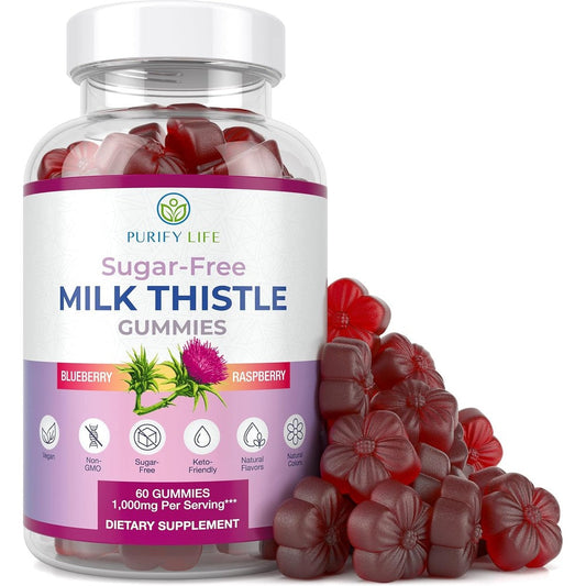 Purify Life Sugar Free Milk Thistle 60 Vegan Gummies front view bottle for liver detox support