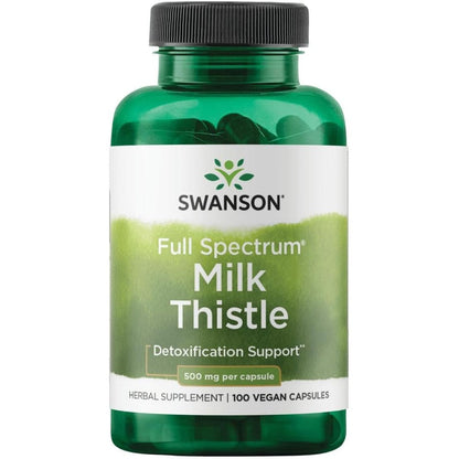 Swanson Full Spectrum Milk Thistle 500 mg 30 vegan capsules front bottle view for liver detox