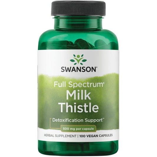 Swanson Full Spectrum Milk Thistle 500 mg 30 vegan capsules front bottle view for liver detox