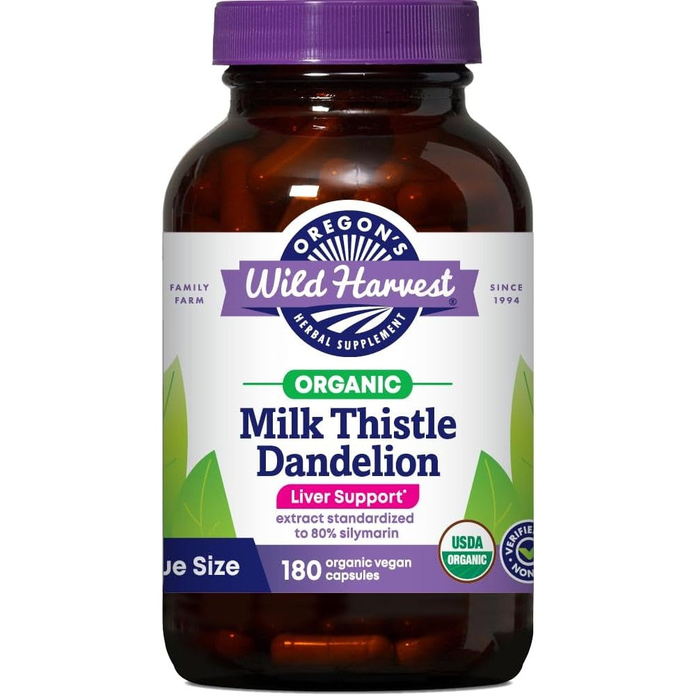 Oregon's Wild Harvest Organic Milk Thistle Dandelion 180 capsules front bottle view for liver support supplement