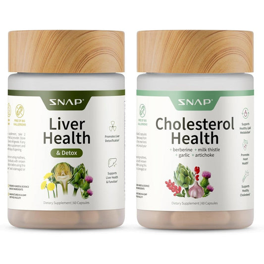 Snap Supplements Liver Health and Cholesterol Health Bundle front view showing two white bottles.