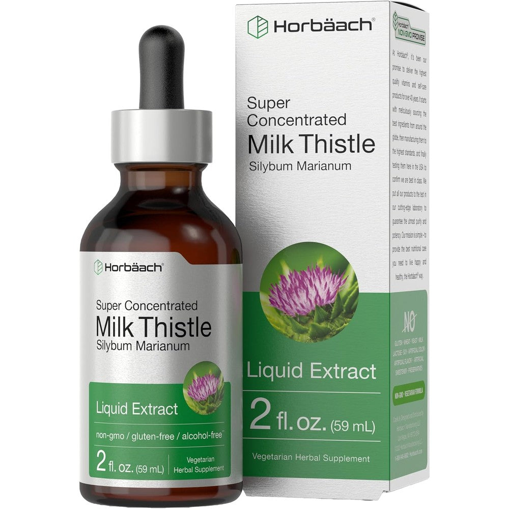 Horbaach Milk Thistle Liquid Extract bottle front view showcasing antioxidant liver support features