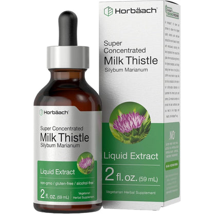 Horbaach Milk Thistle Liquid Extract bottle front view showcasing antioxidant liver support features