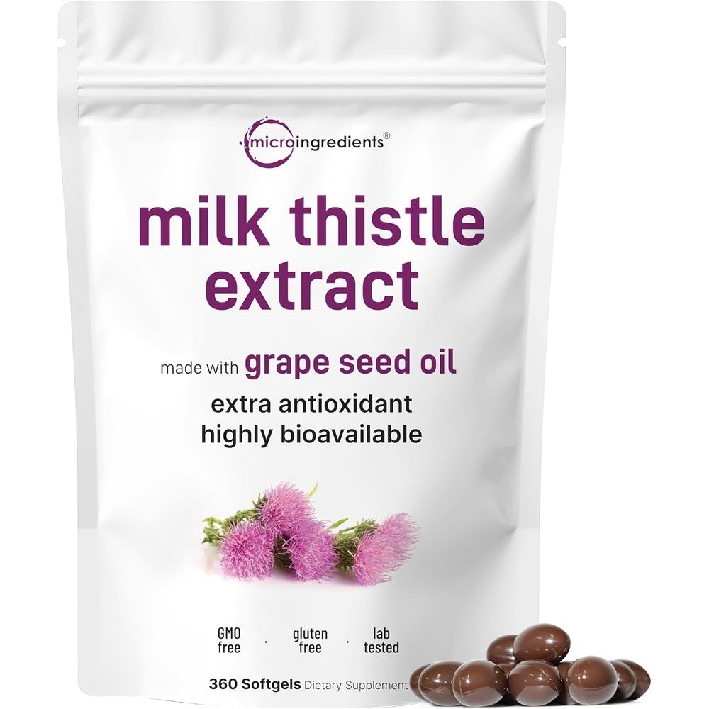 Micro Ingredients Milk Thistle Supplement 360 Softgels front pouch view for liver detox.