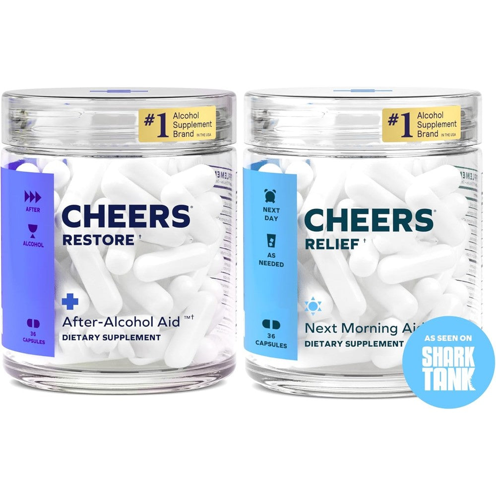 Cheers Restore and Relief after alcohol combo packaging front view showing two dietary supplement bottles