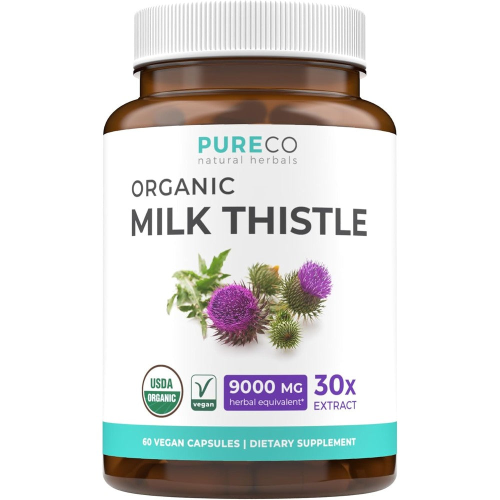 PURE CO Organic Milk Thistle front view showing certified USDA Organic and vegan capsule details.