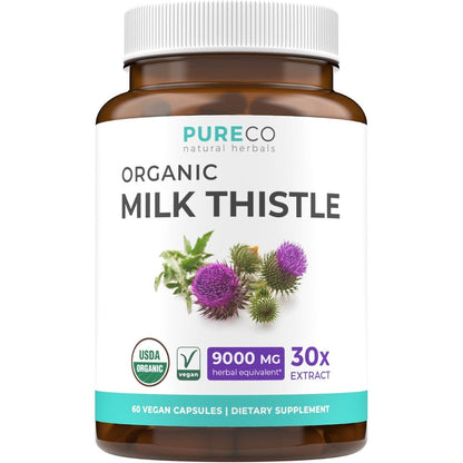 PURE CO Organic Milk Thistle front view showing certified USDA Organic and vegan capsule details.