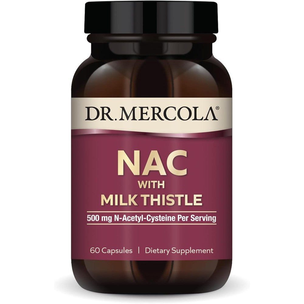 Dr. Mercola NAC with Milk Thistle 60 Capsules front bottle view for liver support