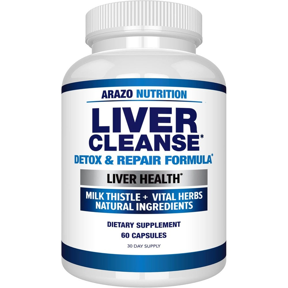 Arazo Nutrition Liver Cleanse Detox and Repair Formula front view bottle showing sixty vegetarian capsules.