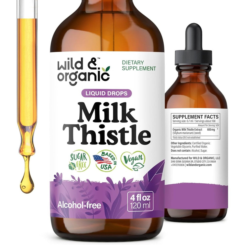 Wild & Organic Milk Thistle Liquid Drops 4 Fluid Ounce bottle front view showing the label details.
