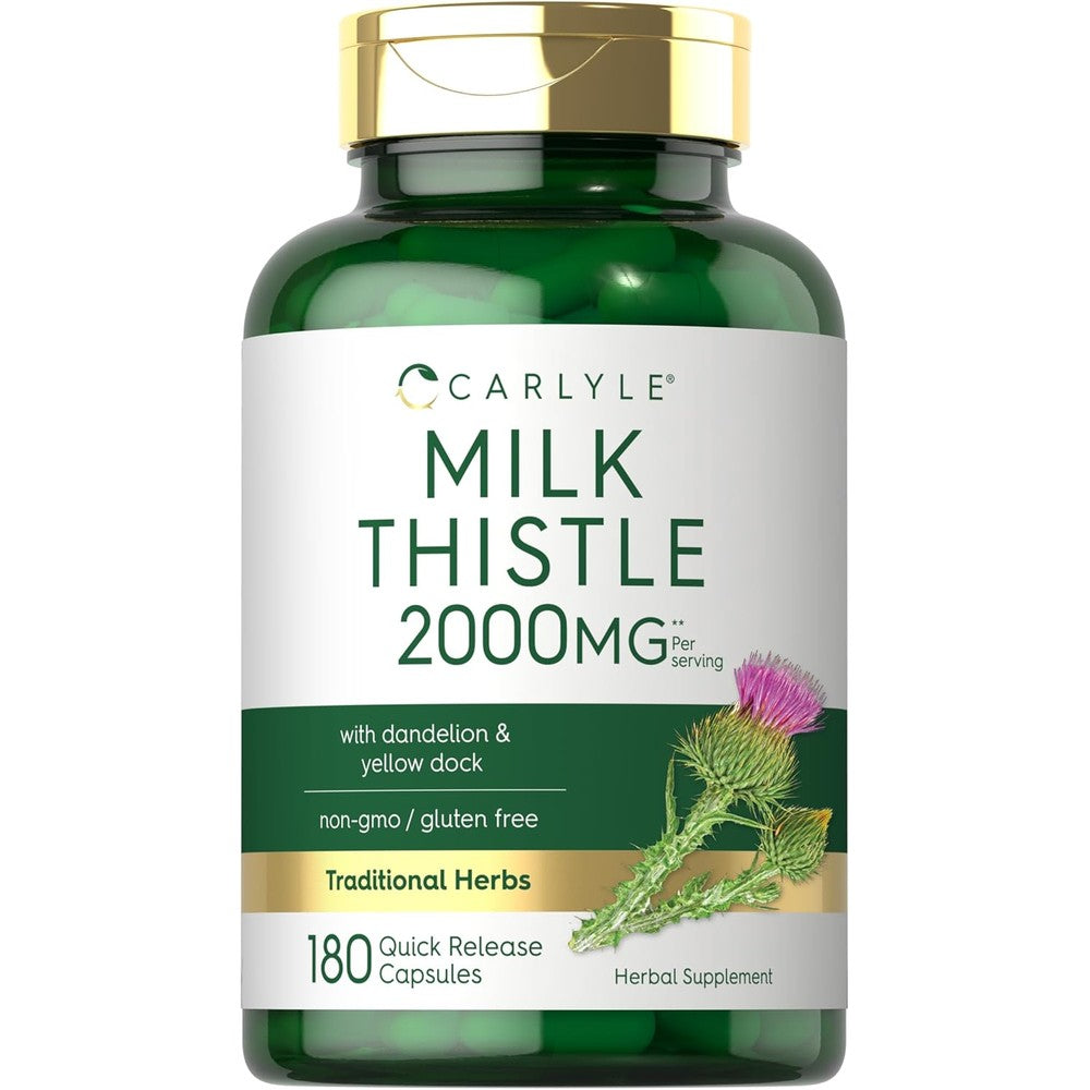 Carlyle milk thistle 180 capsules bottle front view showing liver support formula packaging.