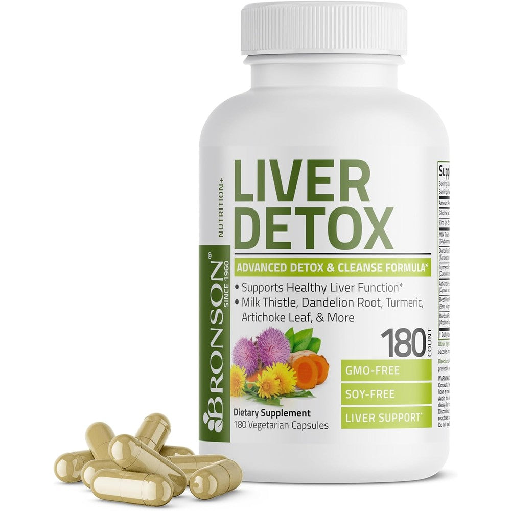 Bronson Liver Detox Advanced Cleansing Formula 180 capsules front view bottle showing premium packaging.