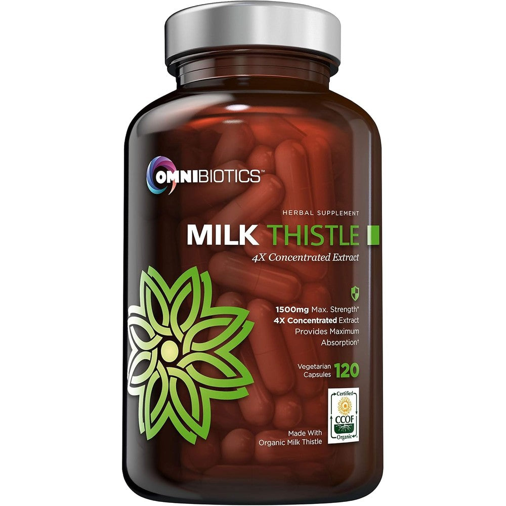 OmniBiotics Organic Milk Thistle 1500mg 120 vegetarian capsules front bottle view