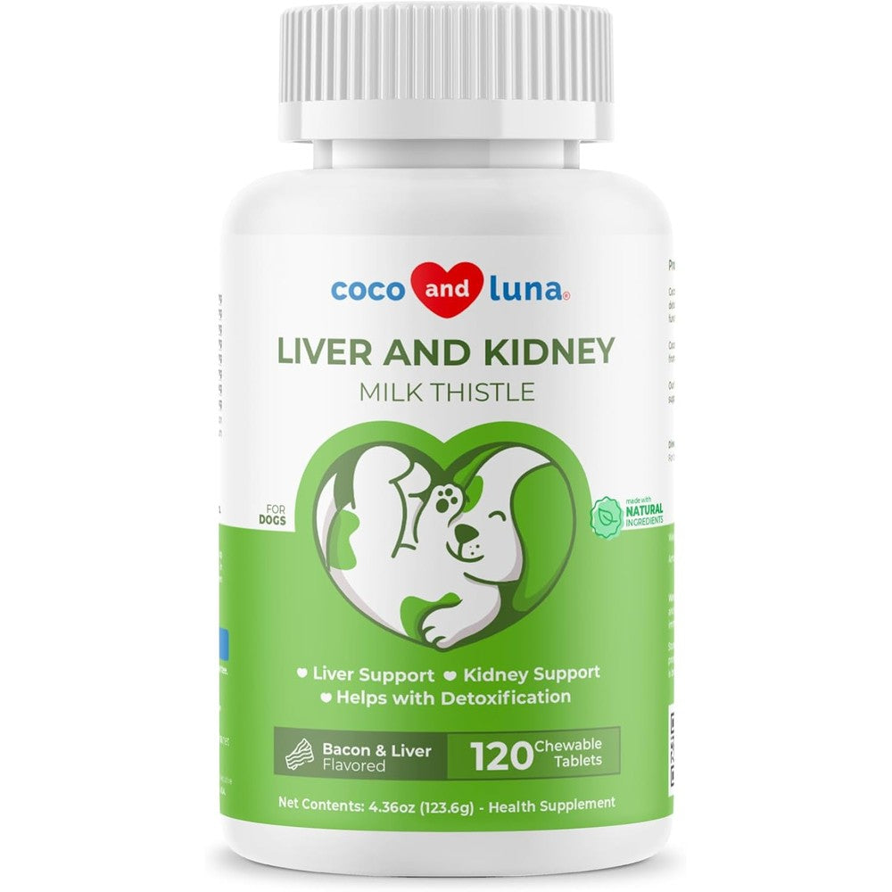 Coco and Luna Milk Thistle for Dogs 120 Tablets front bottle view showing liver and kidney support labels.