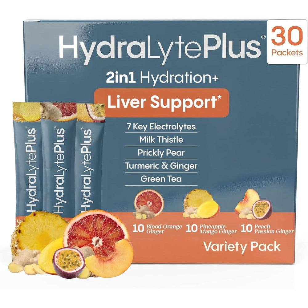 Hydralyte Plus Liver Support and Electrolyte Mix front packaging showing thirty powder packets