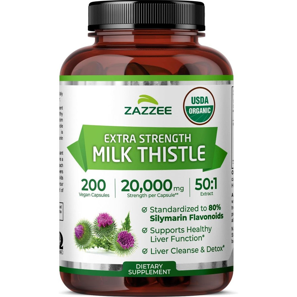 Zazzee USDA Organic Milk Thistle 200 vegan capsules front bottle view