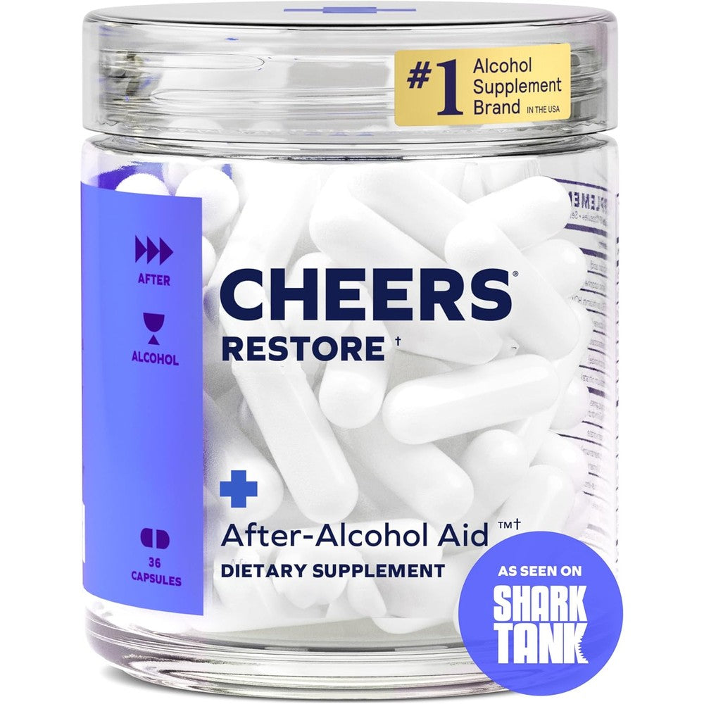 Cheers Restore after alcohol supplement 36 capsules front view