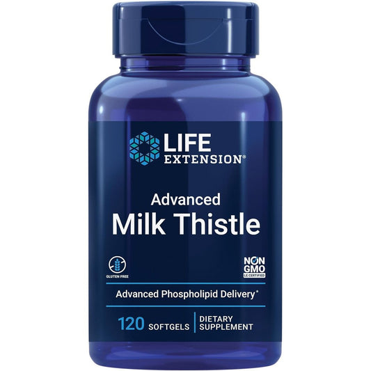 Life Extension Advanced Milk Thistle 120 Softgels front bottle view for liver health.