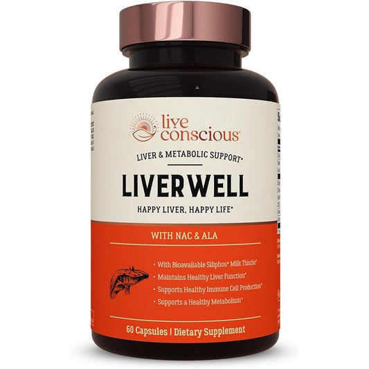 Live Conscious LiverWell 60 capsules front bottle view for liver cleanse support