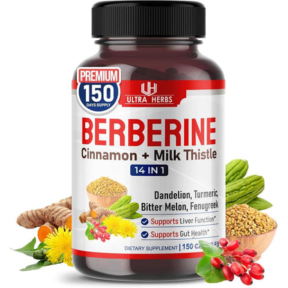 Ultra Herbs Premium Berberine 150 capsules front label view for metabolic health.